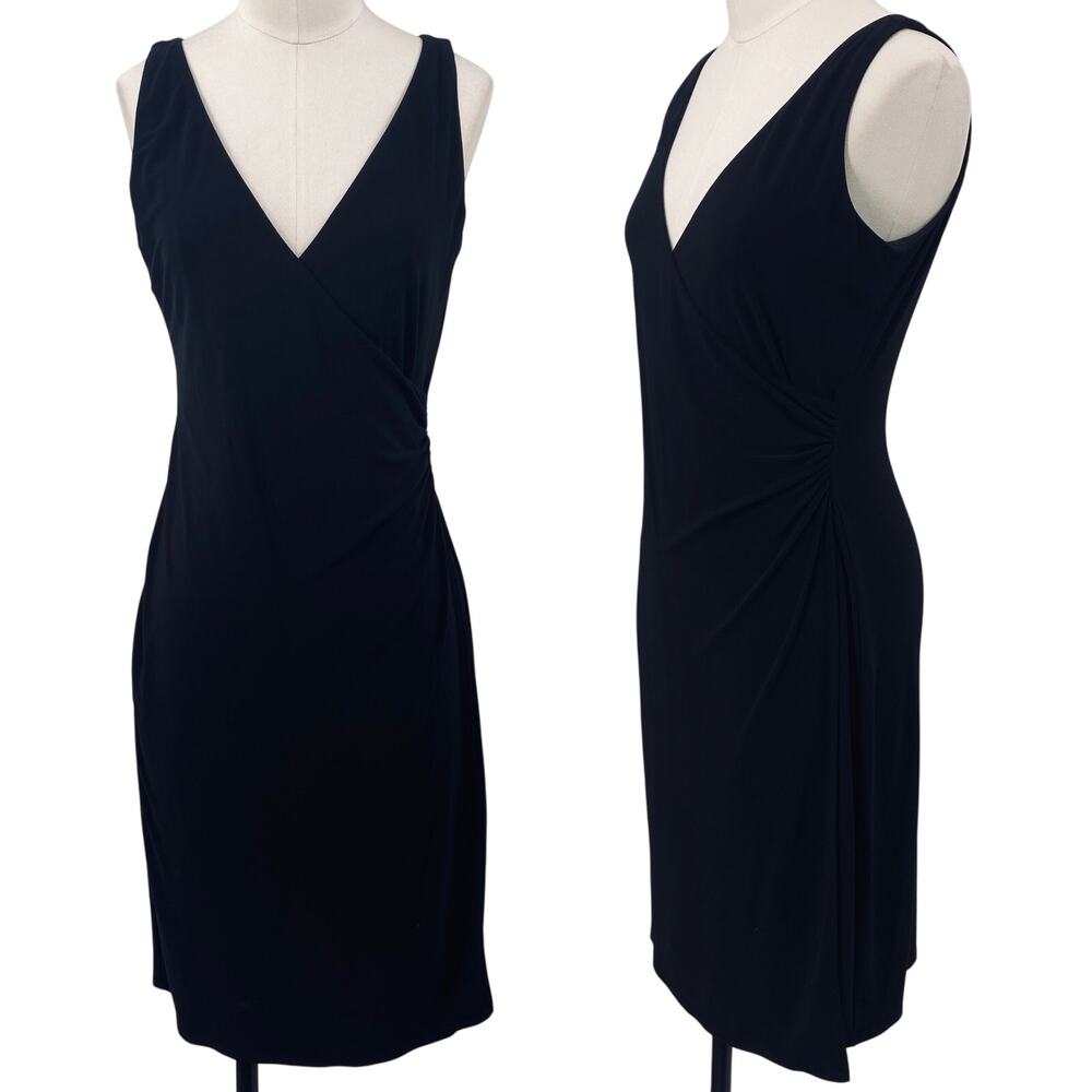 Vintage 90s Laundry Shelli Segal Faux Wrap Dress Stretch Knit Sleeveless Black 4